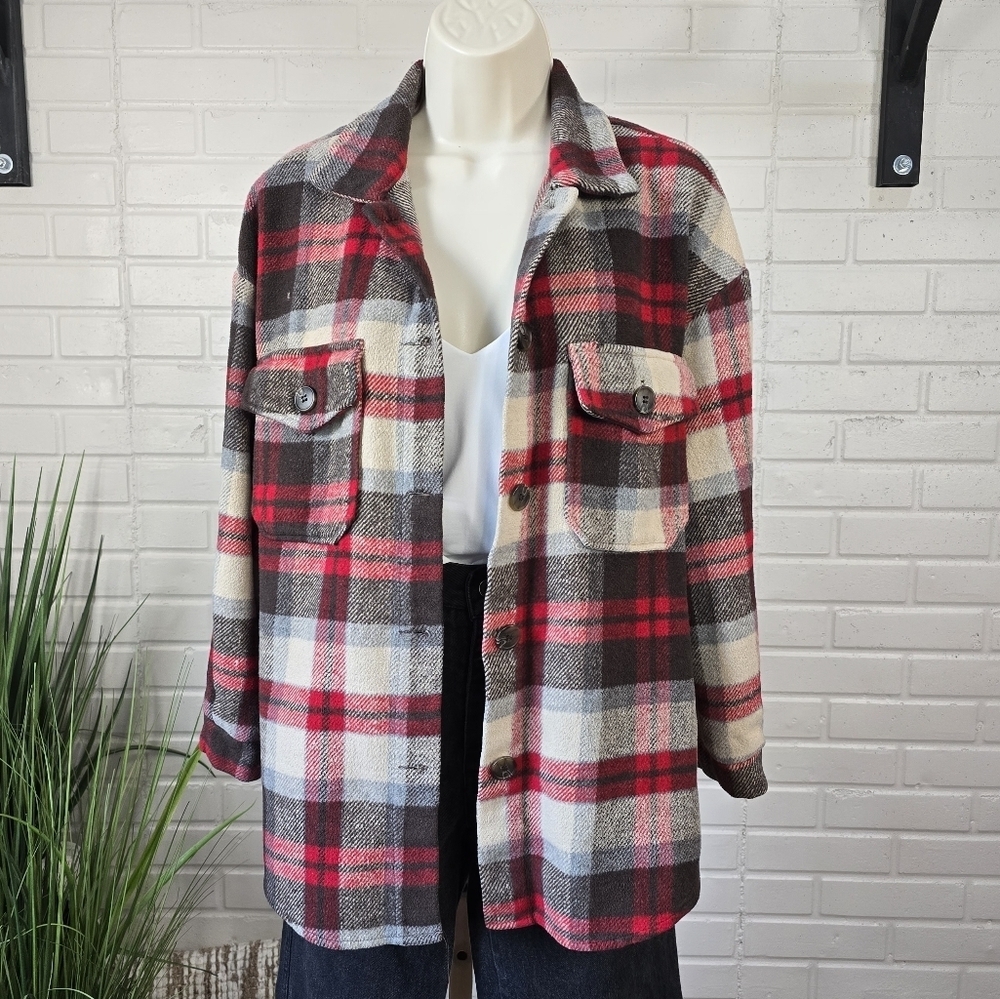 Hyfve Red and Brown Plaid Button Up Shacket Jacket Size Medium - Picture 2 of 8
